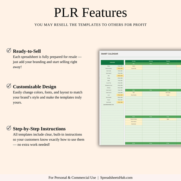 PLR - Monthly Bill Calendar Spreadsheet Template (Green Theme) - SpreadsheetsHub