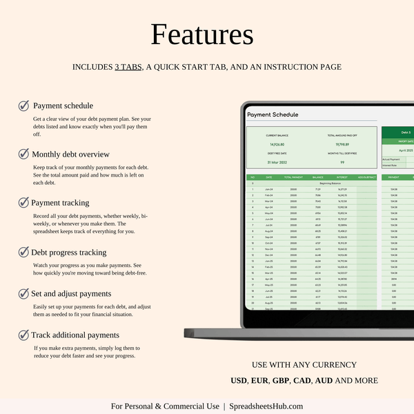 PLR - Debt Snowball Calculator Template (Green Theme) - SpreadsheetsHub