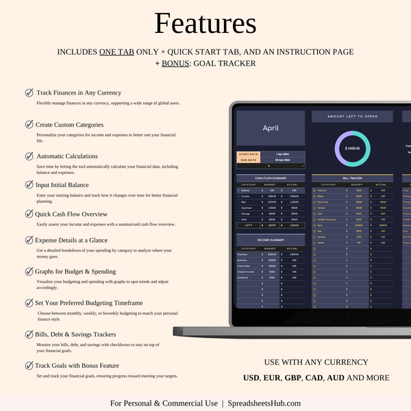 PLR - Budget Planner | Monthly Finance Tracker (Dark Theme) - SpreadsheetsHub