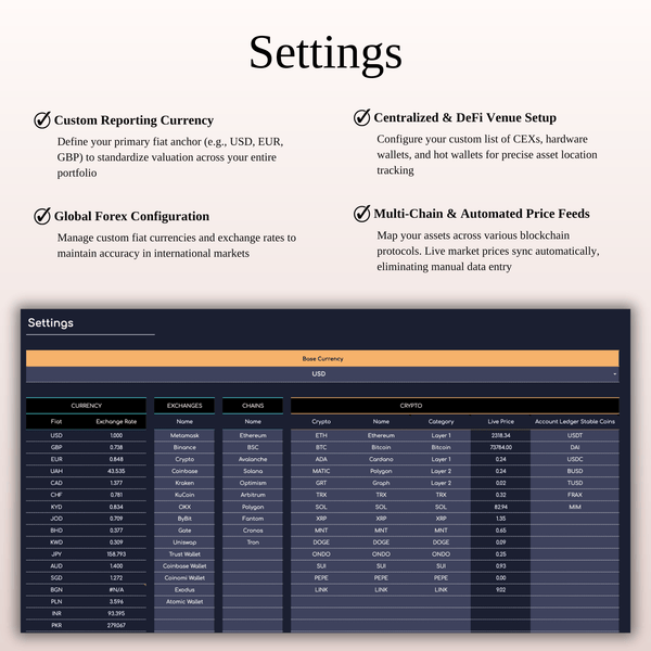 Settings - Ultimate Crypto Portfolio Tracker - SpreadsheetsHub