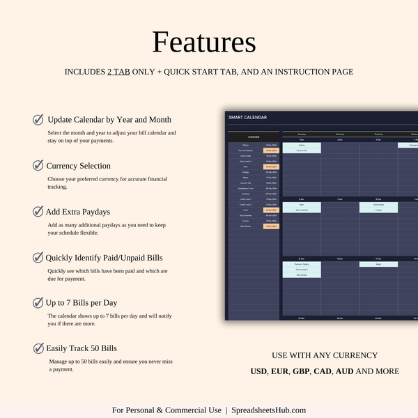 PLR - Bill Payment Calendar Template (Dark Theme) - SpreadsheetsHub
