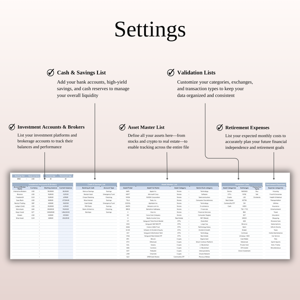 Settings Investment Tracker - SpreadsheetsHub