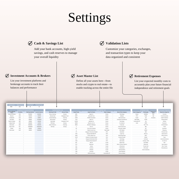 Settings Investment Tracker - SpreadsheetsHub