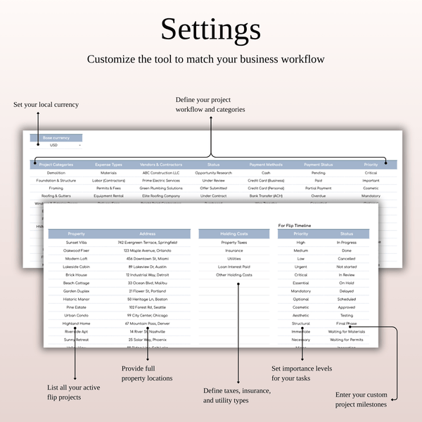 Settings - House Flip Calculator - SpreadsheetsHub