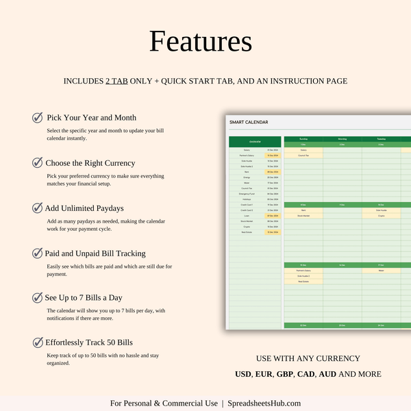 PLR - Monthly Bill Calendar Spreadsheet Template (Green Theme) - SpreadsheetsHub