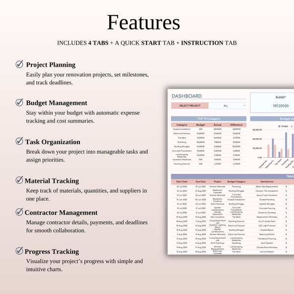 Renovation Tracker Spreadsheet Template for Google Sheets & Excel - SpreadsheetsHub