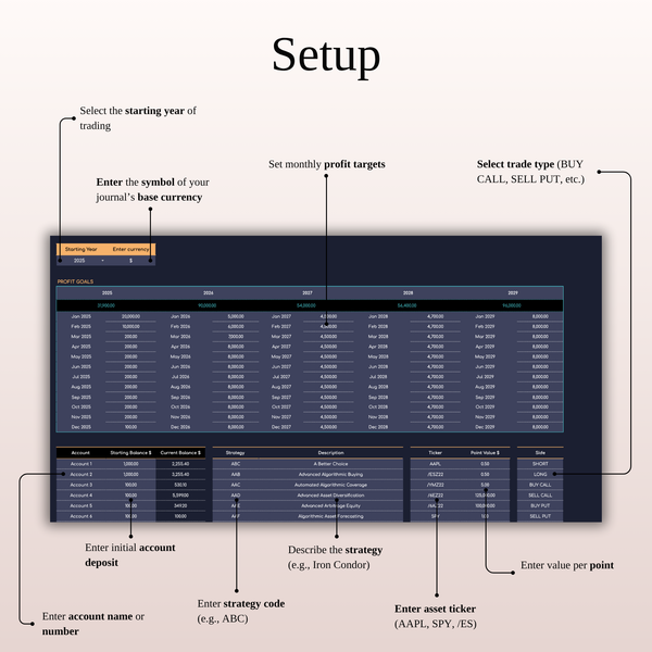 Setup - Options Trading Journal Template (Dark Mode) | SpreadsheetsHub
