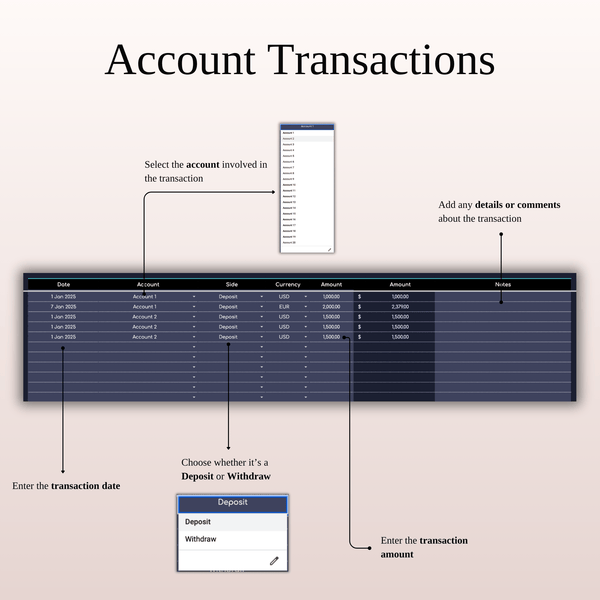 Account Transactions Scalping Trading Journal Template (Dark Mode)