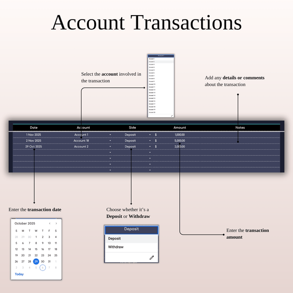 Account Transactions - Forex Trading Journal Template (Dark Mode)
