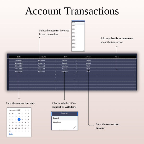 Account Transactions - Futures Trading Journal - SpreadsheetsHub