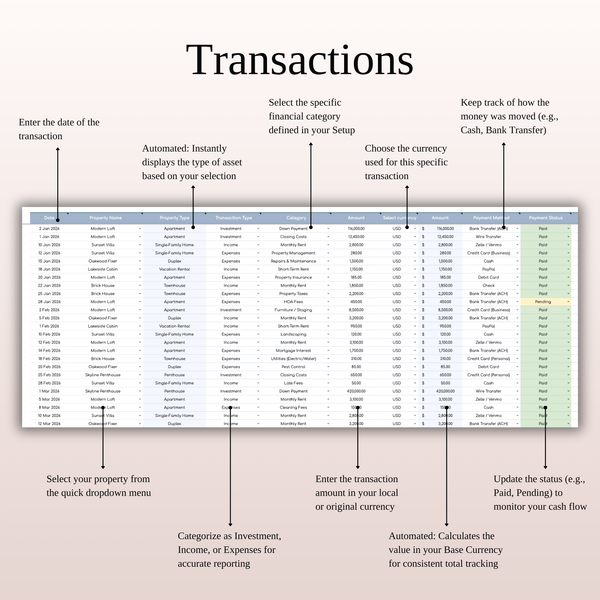 Mortgage Payment - Transactions - Real Estate Portfolio Tracker - SpreadsheetsHub