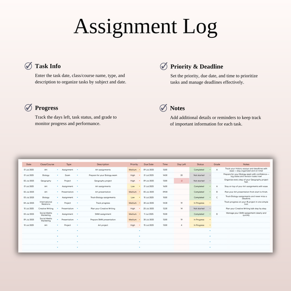 Assignment Tracker Spreadsheet Template for Google Sheets & Excel - SpreadsheetsHub