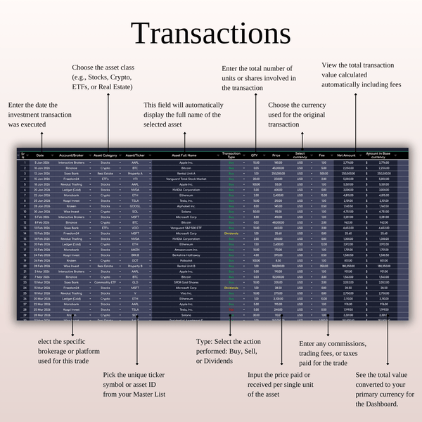Transactions Investment Portfolio Tracker - SpreadsheetsHub