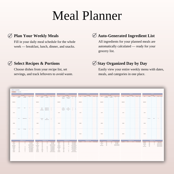 Meal Planner Template for Google Sheets & Excel - SpreadsheetsHub