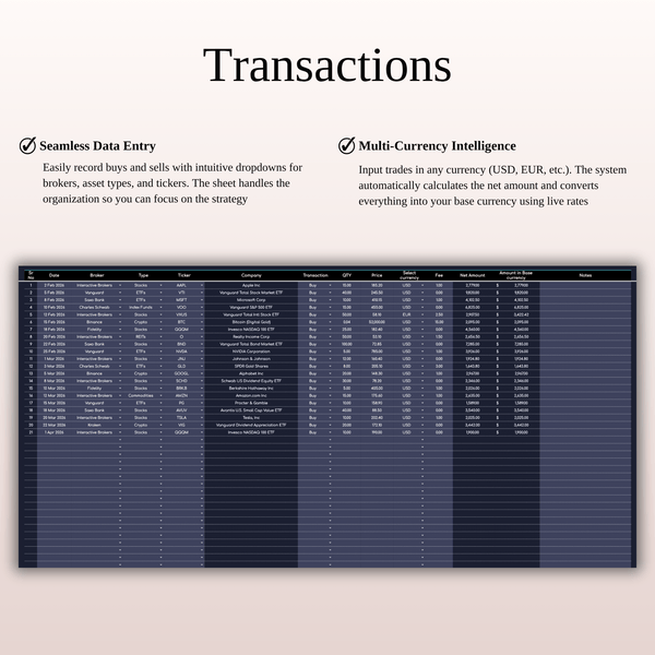 Transactions Retirement Portfolio Tracker | Dark Mode