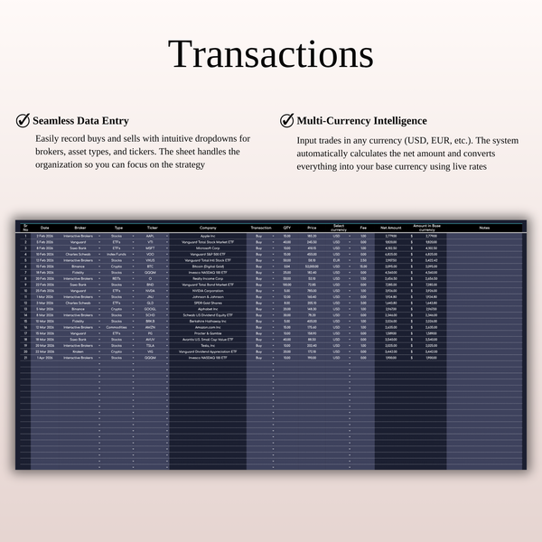 Transactions Retirement Portfolio Tracker | Dark Mode