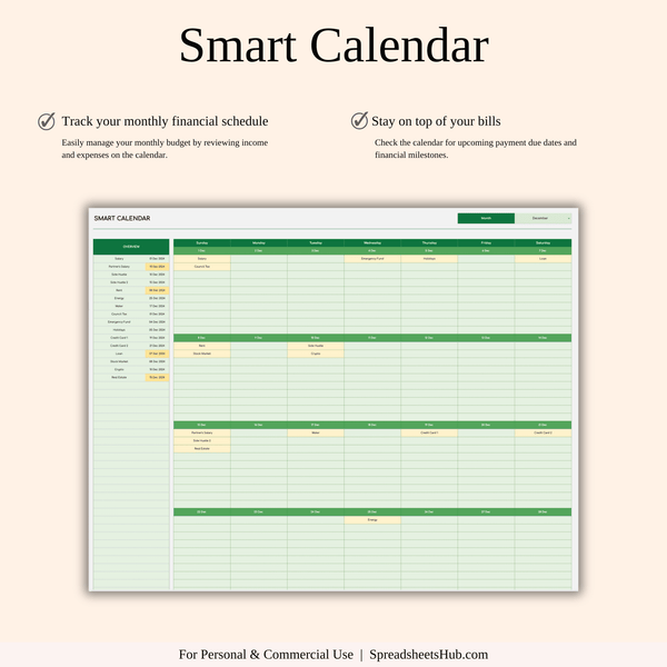 PLR - Monthly Bill Calendar Spreadsheet Template (Green Theme) - SpreadsheetsHub