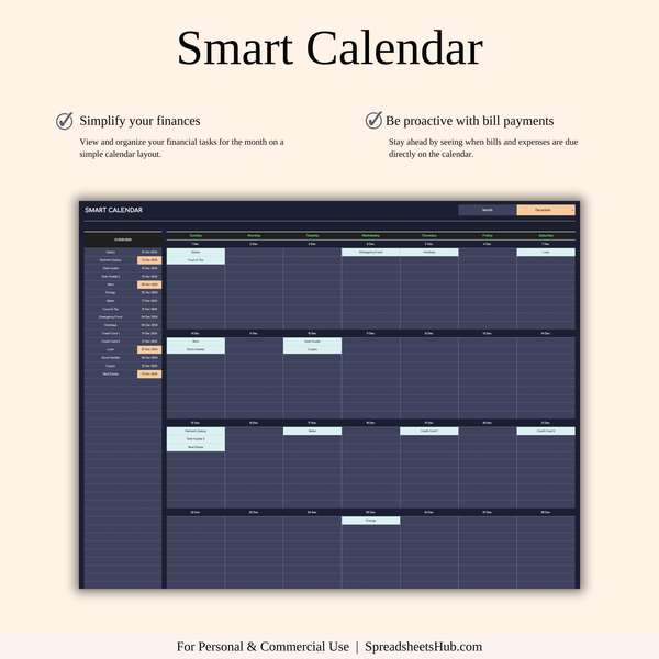 PLR - Bill Payment Calendar Template (Dark Theme) - SpreadsheetsHub