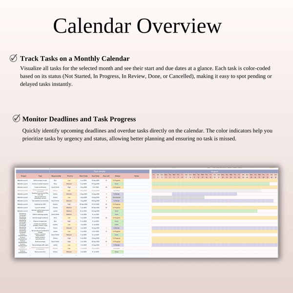 Gantt Chart Calendar Overview - SpreadsheetsHub