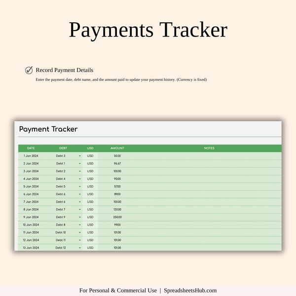 PLR - Debt Repayment Tracker (Green Theme) - SpreadsheetsHub