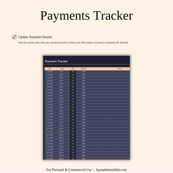 PLR - Debt Payoff Tracker | Excel & Google Sheets (Dark Theme) - SpreadsheetsHub