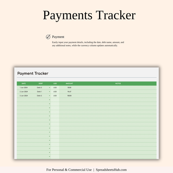 PLR - Debt Snowball Calculator Template (Green Theme) - SpreadsheetsHub