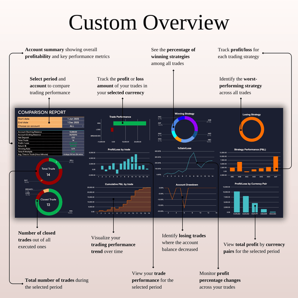 Custom Overview - Forex Trading Journal Template (Dark Mode)