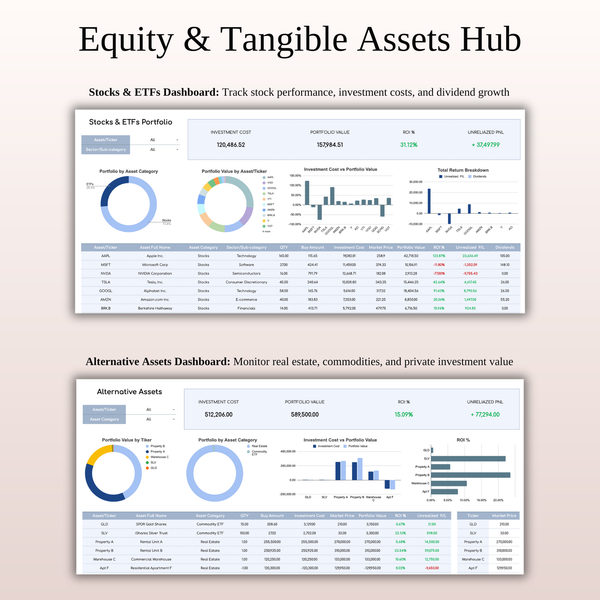 Equity & Tangible Assets Hub Investment Tracker - SpreadsheetsHub