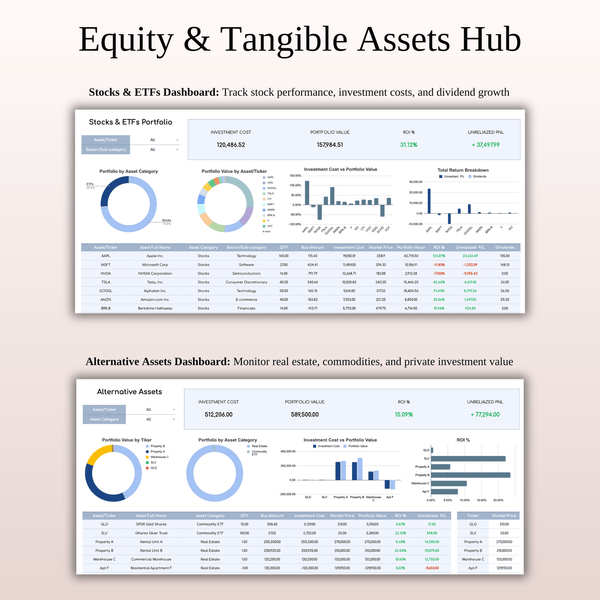 Equity & Tangible Assets Hub Investment Tracker - SpreadsheetsHub