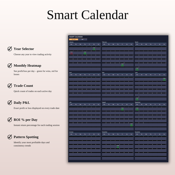 Smart Calendar - Options Trading Journal Template (Dark Mode) | SpreadsheetsHub