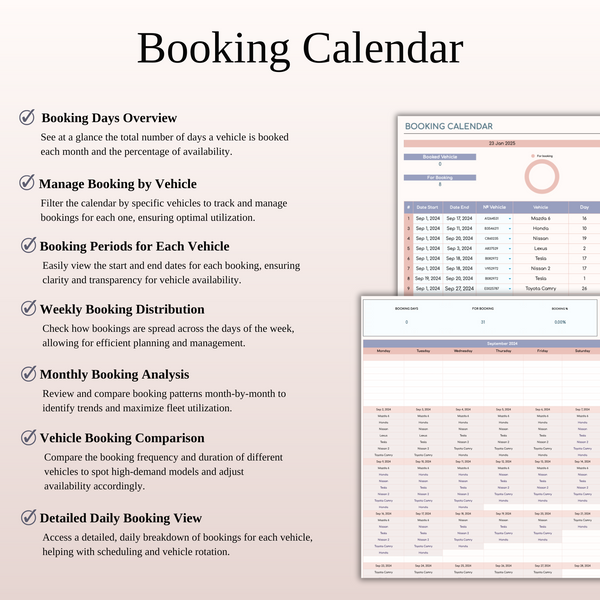 Car Rental Management & Booking Tracker, Excel & Google Sheets Template - SpreadsheetsHub