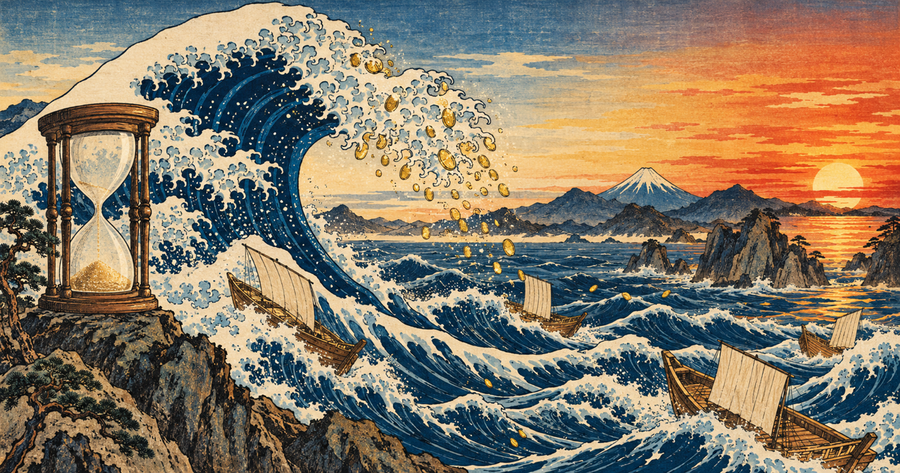 A great wave in ukiyo-e woodblock style rising over a single trading day while an hourglass runs out at the market close