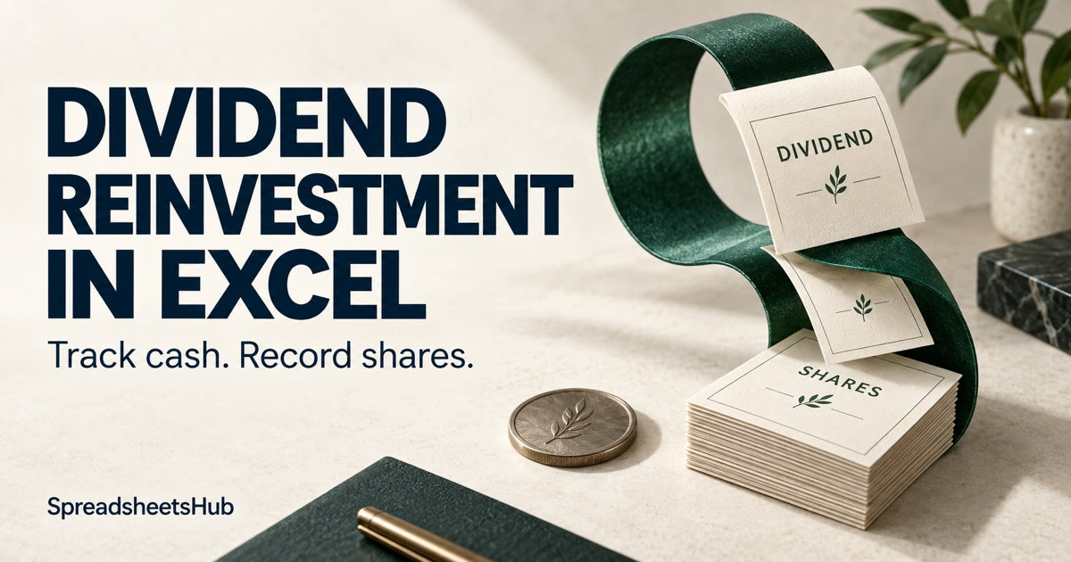 Dividend reinvestment in Excel illustrated by a dividend receipt and share certificates linked by a green loop