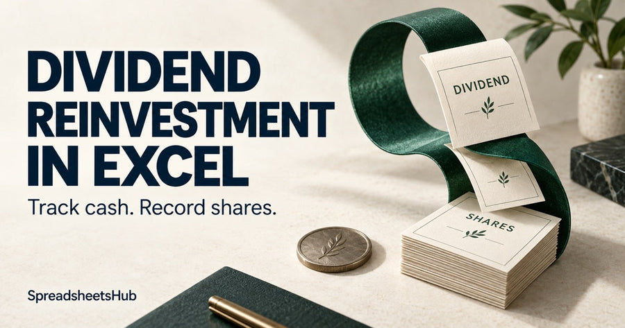 Dividend reinvestment in Excel illustrated by a dividend receipt and share certificates linked by a green loop