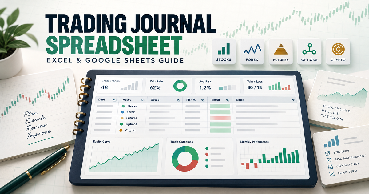 Trading journal spreadsheet dashboard for stocks, forex, futures, options and crypto