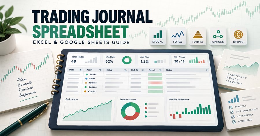 Trading journal spreadsheet dashboard for stocks, forex, futures, options and crypto