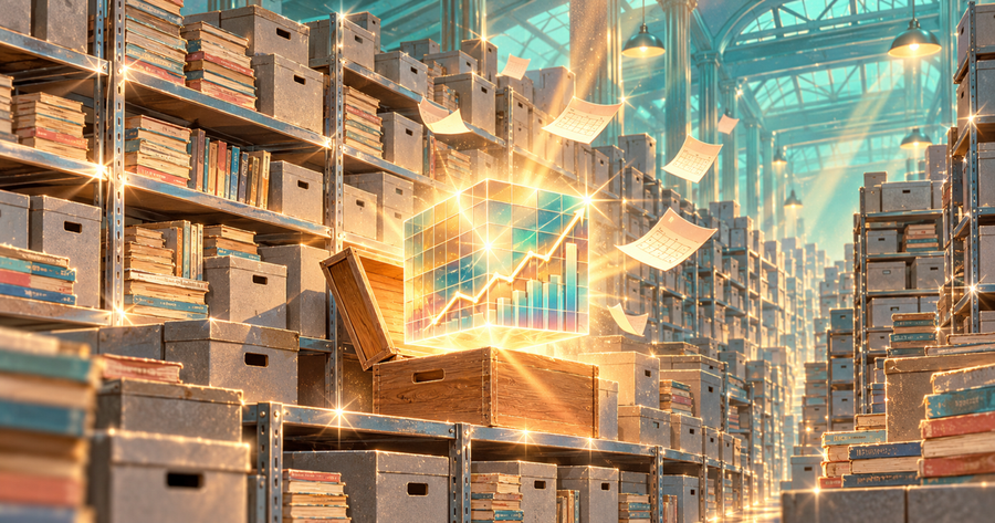 An overlooked spreadsheet template glowing among shelves of ordinary PLR ebooks and articles