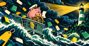 Retro poster of a piggy bank captain steering a shopping cart through a storm of sale tags toward a lighthouse, a metaphor for sticking to a Black Friday budget
