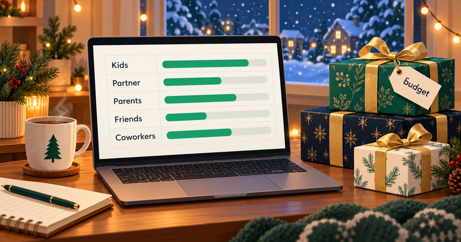 Christmas gift budget spreadsheet on a laptop next to wrapped gifts