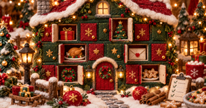 Felt advent calendar house with open doors showing a gift, a tree, a turkey dinner, a card and cookies, next to a ticked Christmas checklist