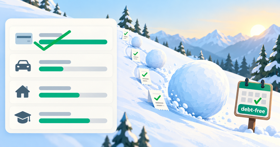 Debt snowball spreadsheet listing debts from smallest to largest balance with a payoff timeline