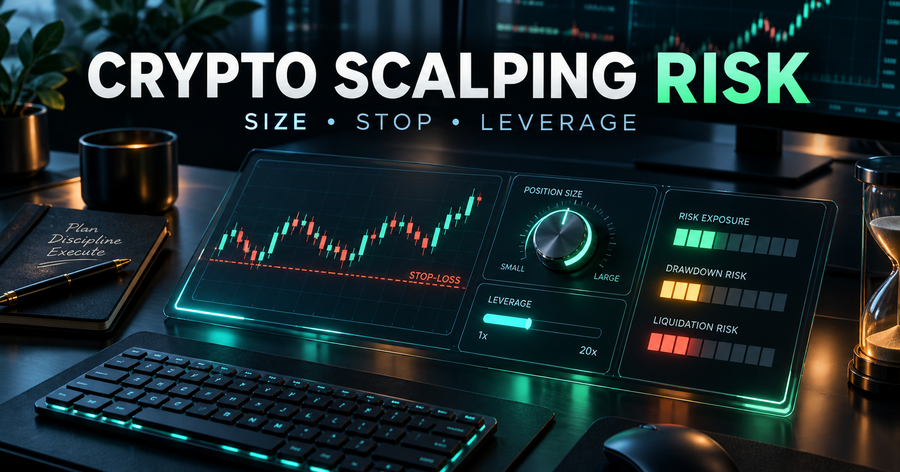 Crypto scalping risk management dashboard with position size, stop-loss and leverage controls