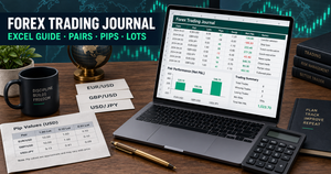 Forex trading journal spreadsheet with pair, lot size, pips, costs and a pair performance report