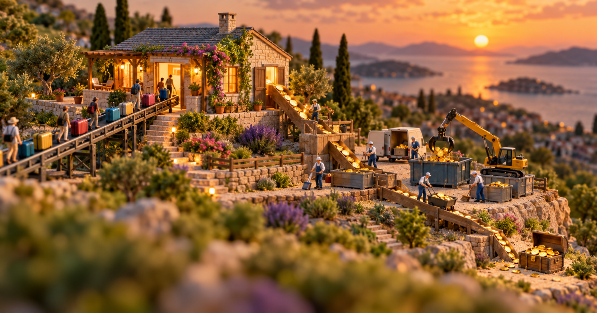 A short-term rental home with its yearly income split into nights booked, fees and costs