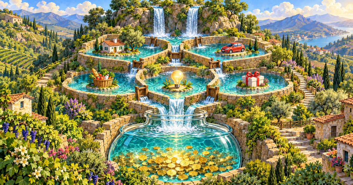 Two waterfalls, like two paychecks, filling terraced pools for rent, car, groceries, bills and gifts, with the overflow collecting in a savings jar