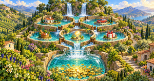 Two waterfalls, like two paychecks, filling terraced pools for rent, car, groceries, bills and gifts, with the overflow collecting in a savings jar