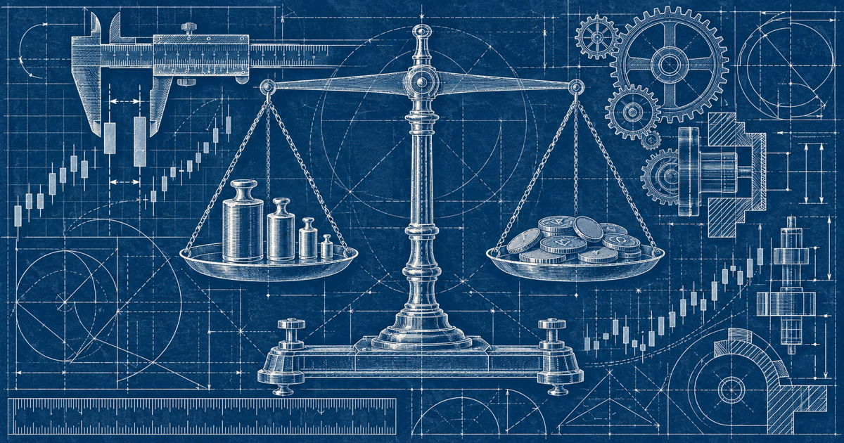 Blueprint drawing of a balance scale weighing lot-size weights against currency coins, with a caliper measuring candlesticks, for forex position sizing