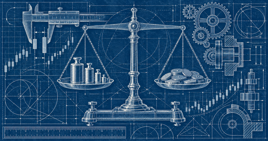Blueprint drawing of a balance scale weighing lot-size weights against currency coins, with a caliper measuring candlesticks, for forex position sizing