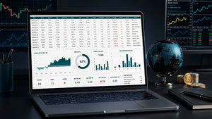 Illustration of a trading journal spreadsheet with a trade log, P&L chart and performance metrics