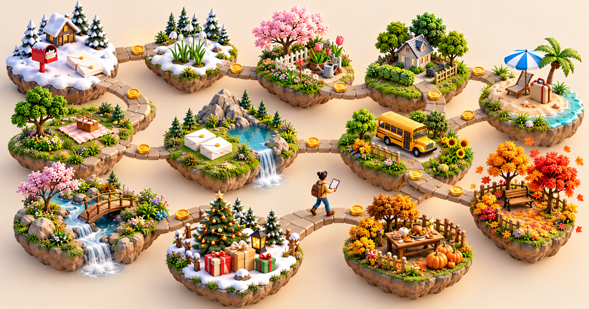 Isometric diorama of twelve month islands from snowy January to a December Christmas tree, linked by a path with gold coins, illustrating a yearly budget